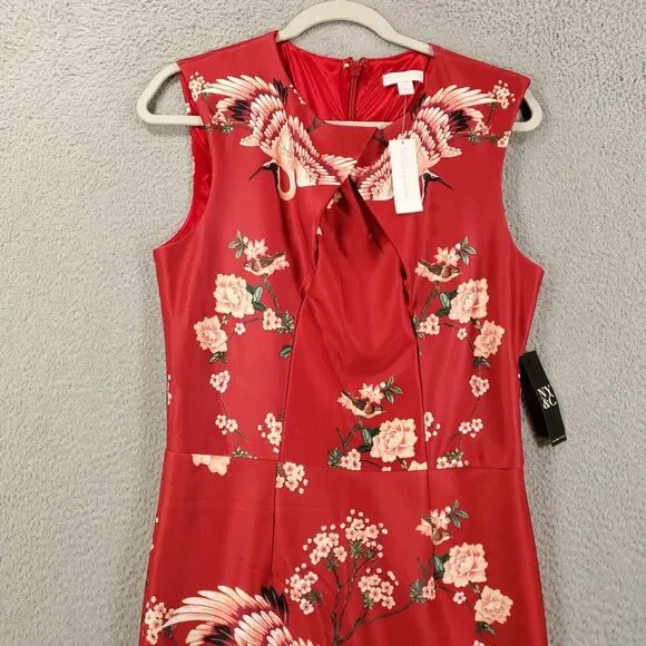 New York & Company Dress Womens Medium Tall Red Birds Floral Stretch NWT - Picture 3 of 13